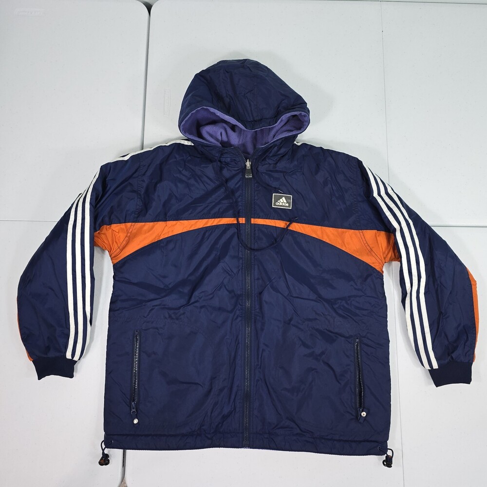 Vintage 90s Adidas L Reversible Hooded Puffer/Fleece Blue/Orange Bomber Jacket